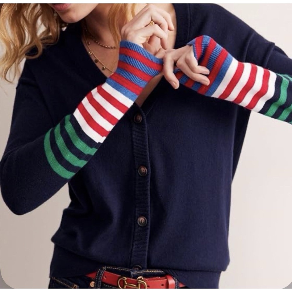 Boden Annie Cardigan S Navy Blue Wool Blend Stripe Cuff Grandmacore Preppy